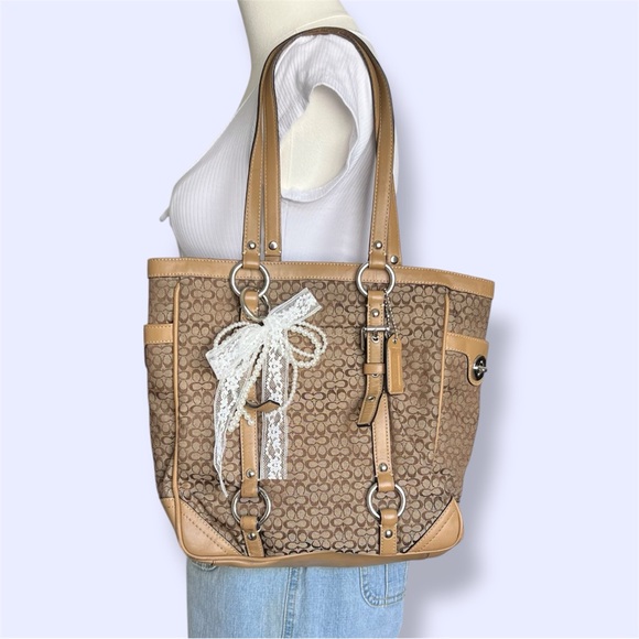 COACH F11526 Signature Gallery Monogram Tote Handbag Canvas Leather Khaki Brown - Picture 1 of 16